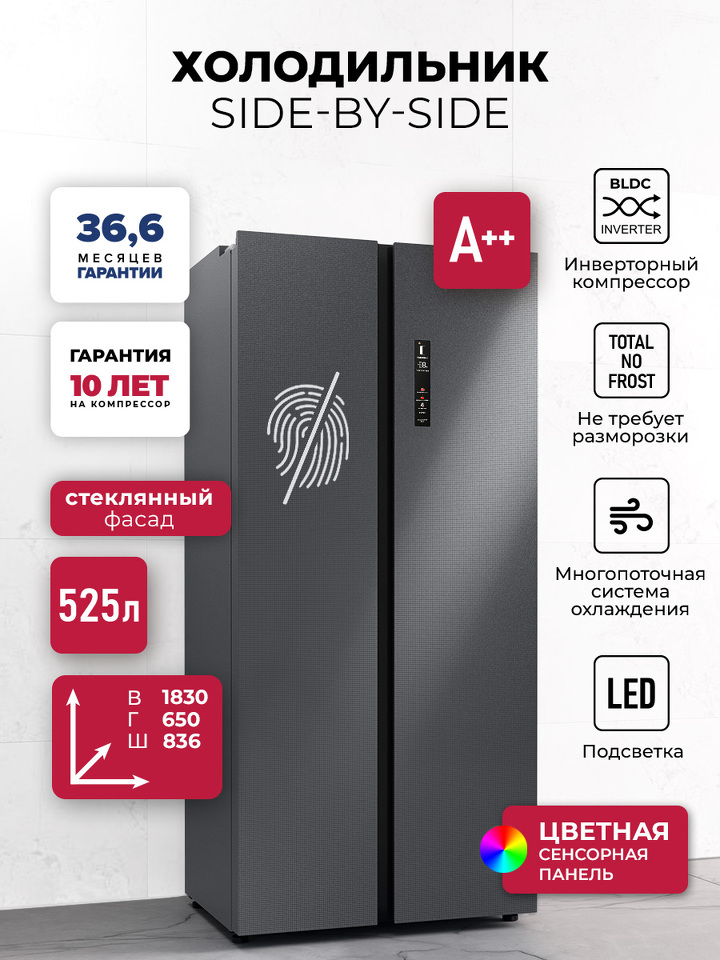 Фото  Холодильник side by side Lex LSB525 graphite skin холодильник двухкамерный отдельностоящий с инвертором