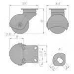 Превью картинка Robby МАРИЯ Опора колесная D50 мм с площадкой 47х47 мм, без стопора, прорезиненное колесо, медь/черное колесо, MARIA (CST60),  Мебельное колесо #2