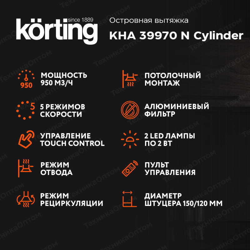 Преимущества Островная вытяжка Körting KHA 39970 N Cylinder